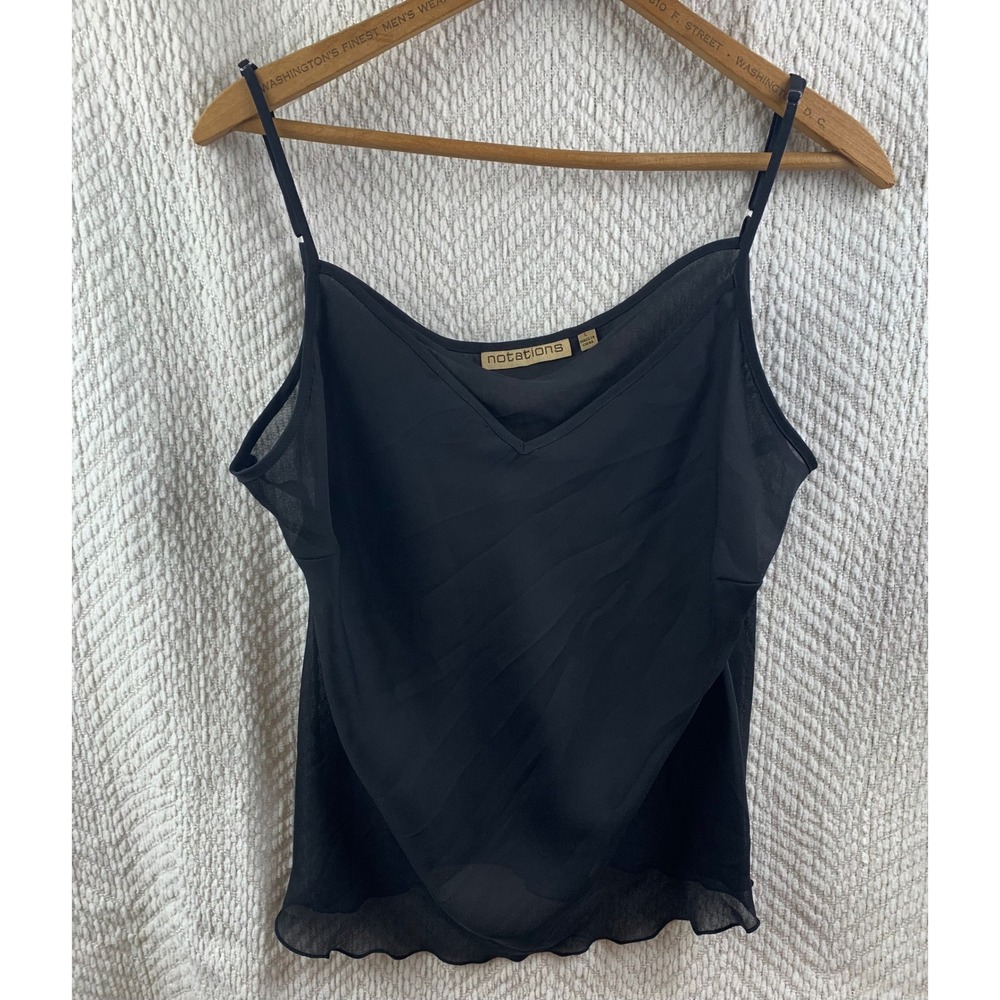 Notations Black Sheer V-Neck Camisole Top Lettuce Edge Adjustable Straps‎ Large